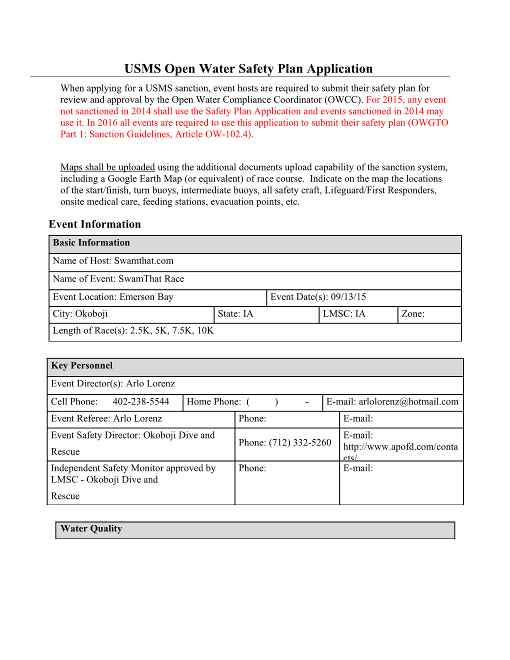 USMS Open Water Safety Plan Application