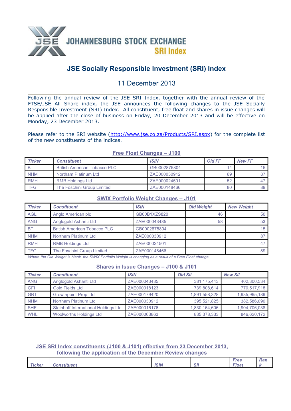 20131223 SRI Changes Due to FTSEJSE December Review