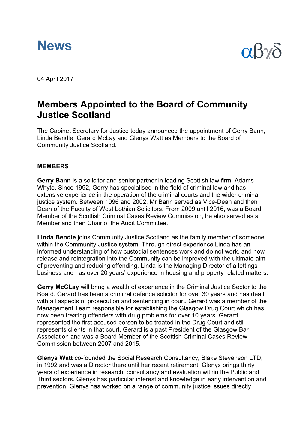 Members Appointed to the Board of Community Justice Scotland