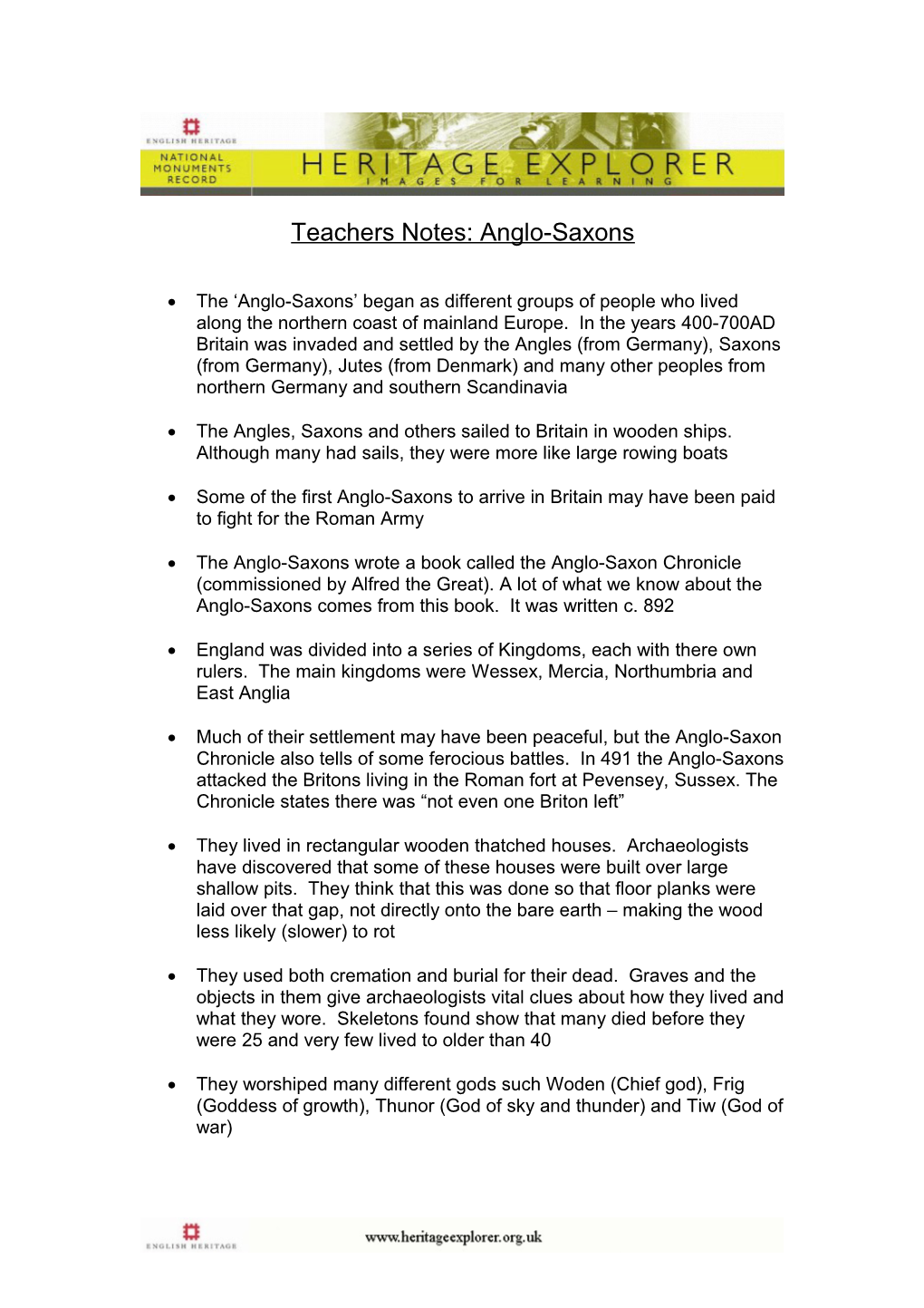 Teachers Notes: Anglo-Saxons