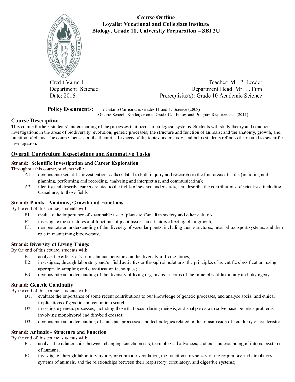 Course Outline University Biology, Grade 11 (SBI 3U)