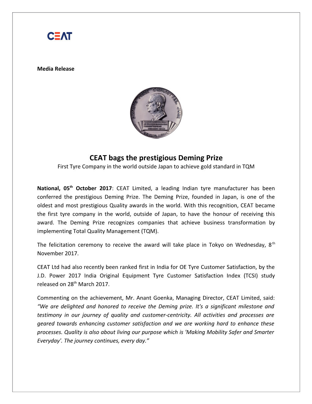 CEAT Bags the Prestigious Deming Prize