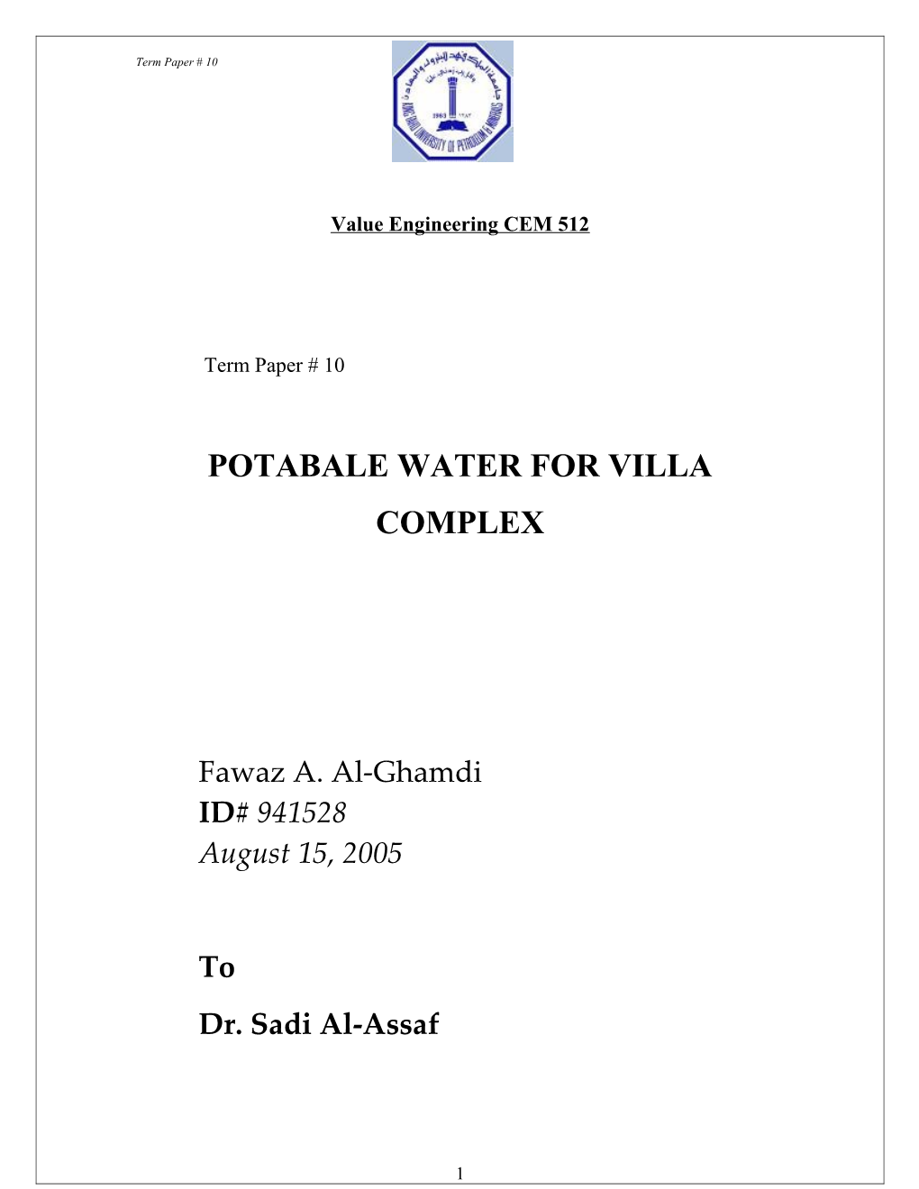 Potabale Water for Villa Complex