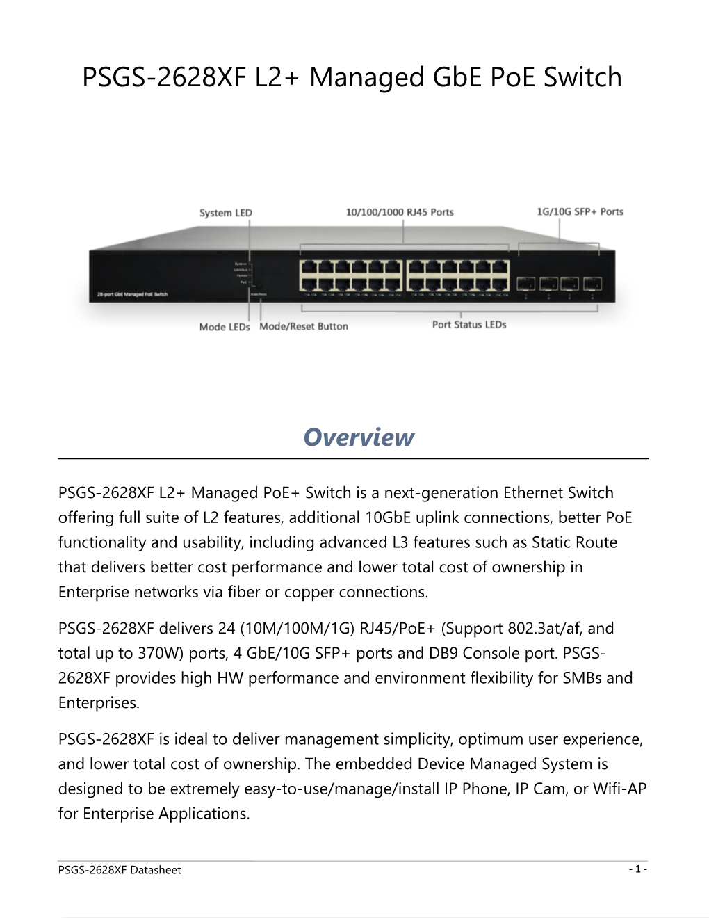 PSGS-2628XF L2+ Managed Gbe Poe Switch