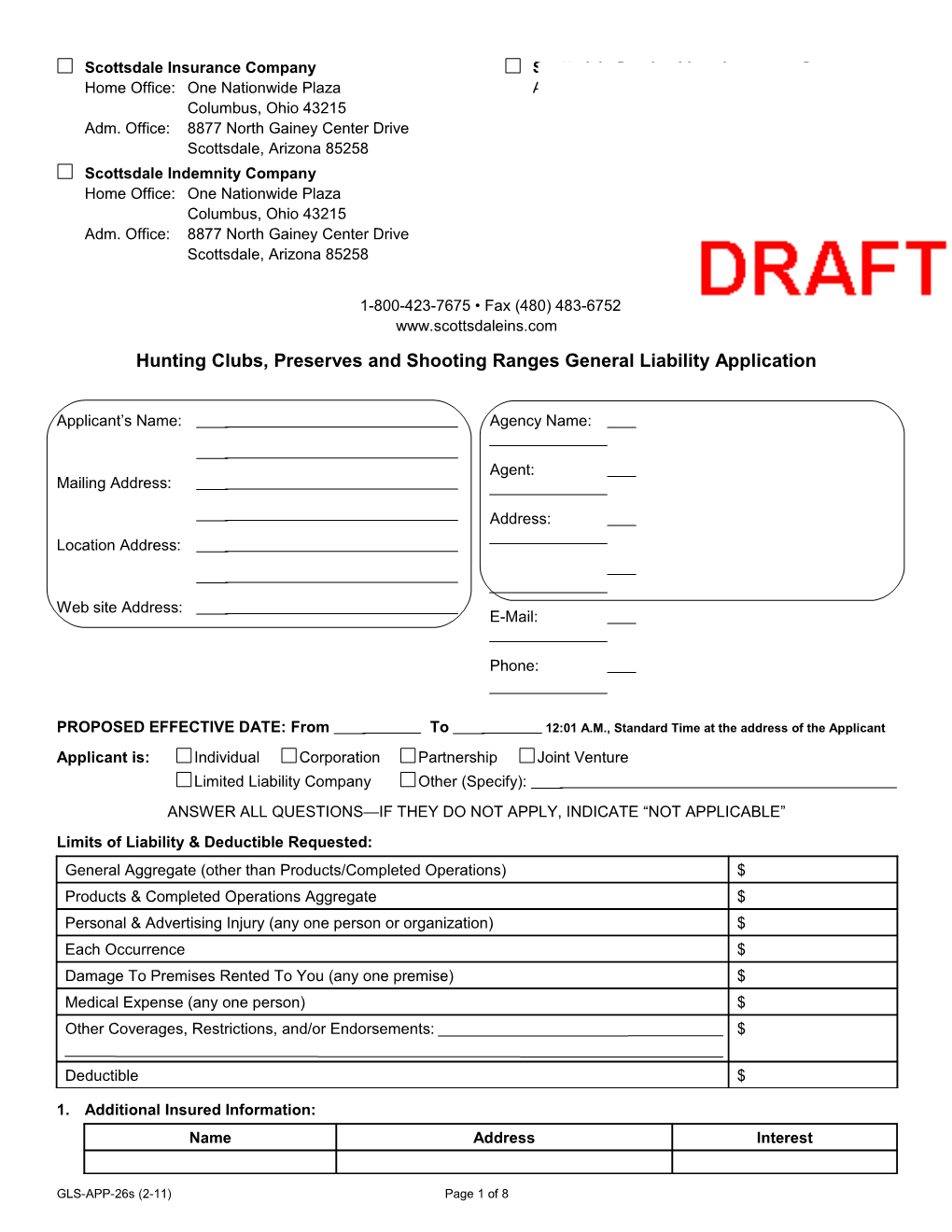 Hunting Clubs, Preserves and Shooting Ranges General Liability Application