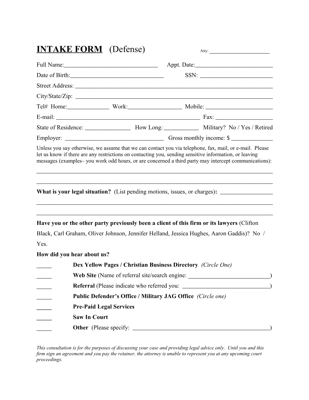 Intake Form Domestic Relations