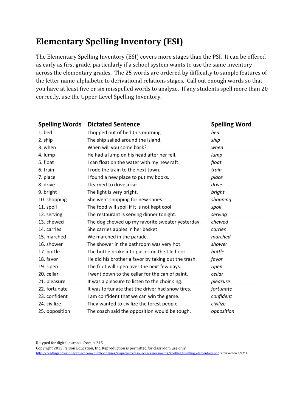 Elementary Spelling Inventory (ESI)