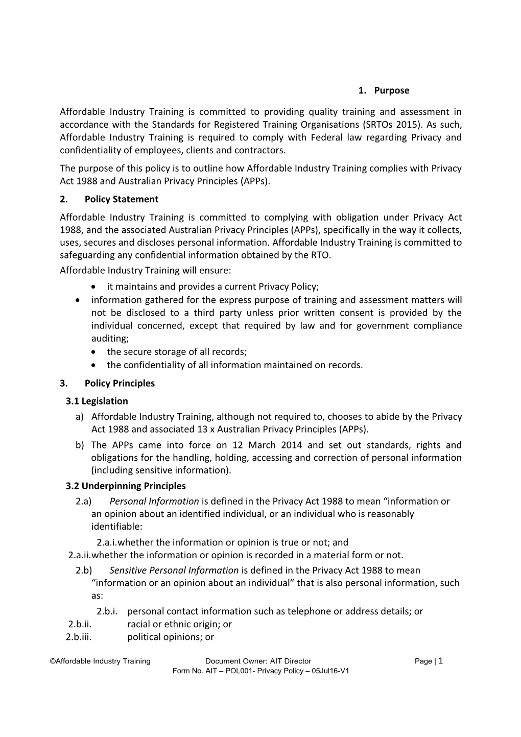 Affordable Industry Training Document Owner: AIT Director Page 3