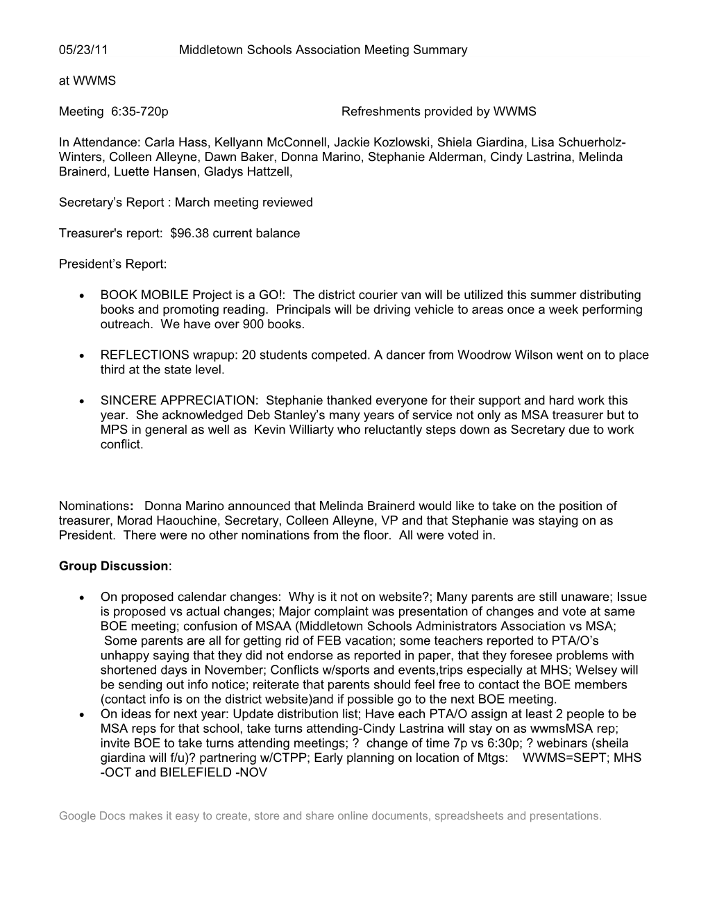 05/23/11 Middletown Schools Association Meeting Summary