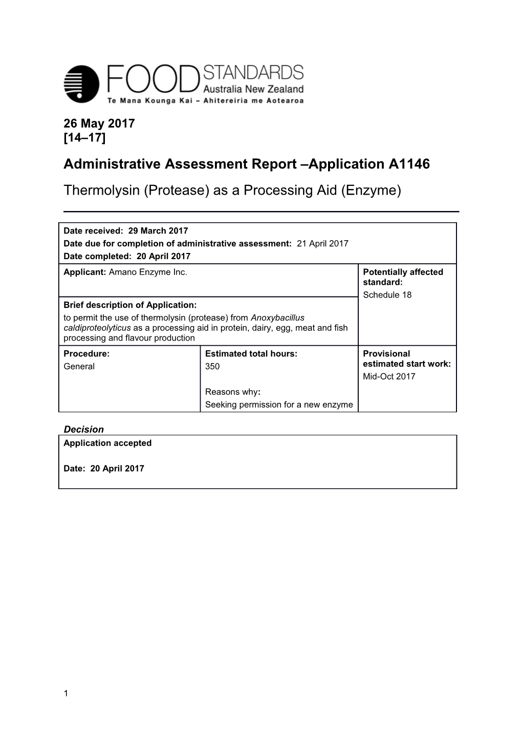 Administrative Assessment Report Applicationa1146