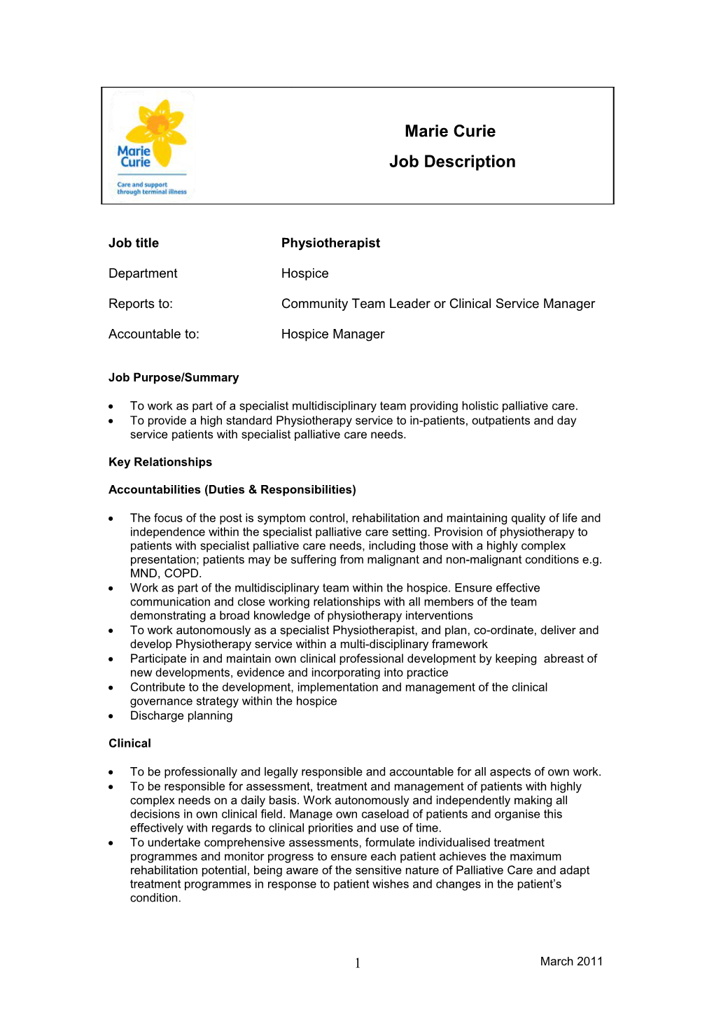 Reports To:Community Team Leader Or Clinical Service Manager