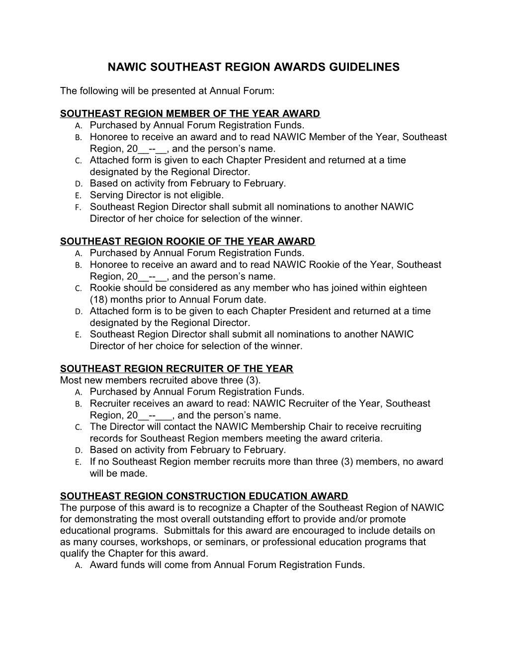Nawic Southeast Region Awards Guidelines