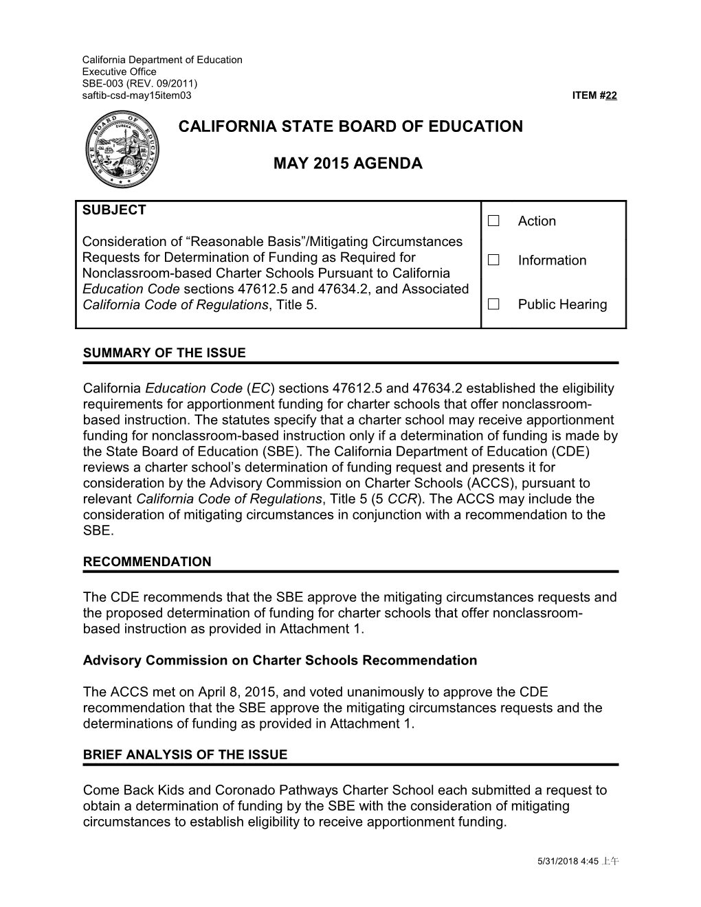 May 2015 Agenda Item 22 - Meeting Agendas (CA State Board of Education)
