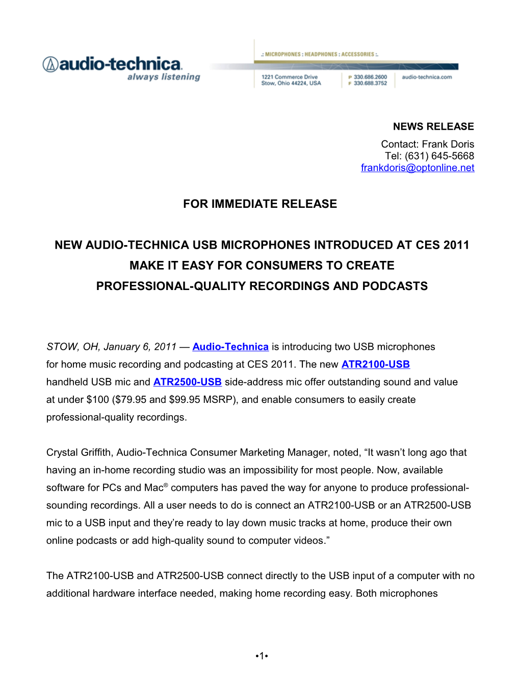 Audio-Technica USB Mics Press Release for CES Daily
