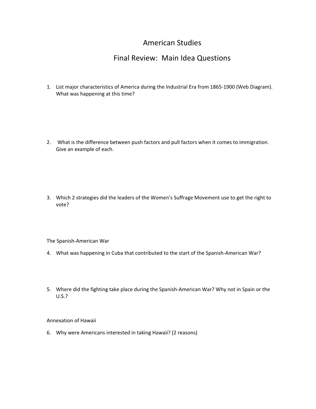 Final Review: Main Idea Questions