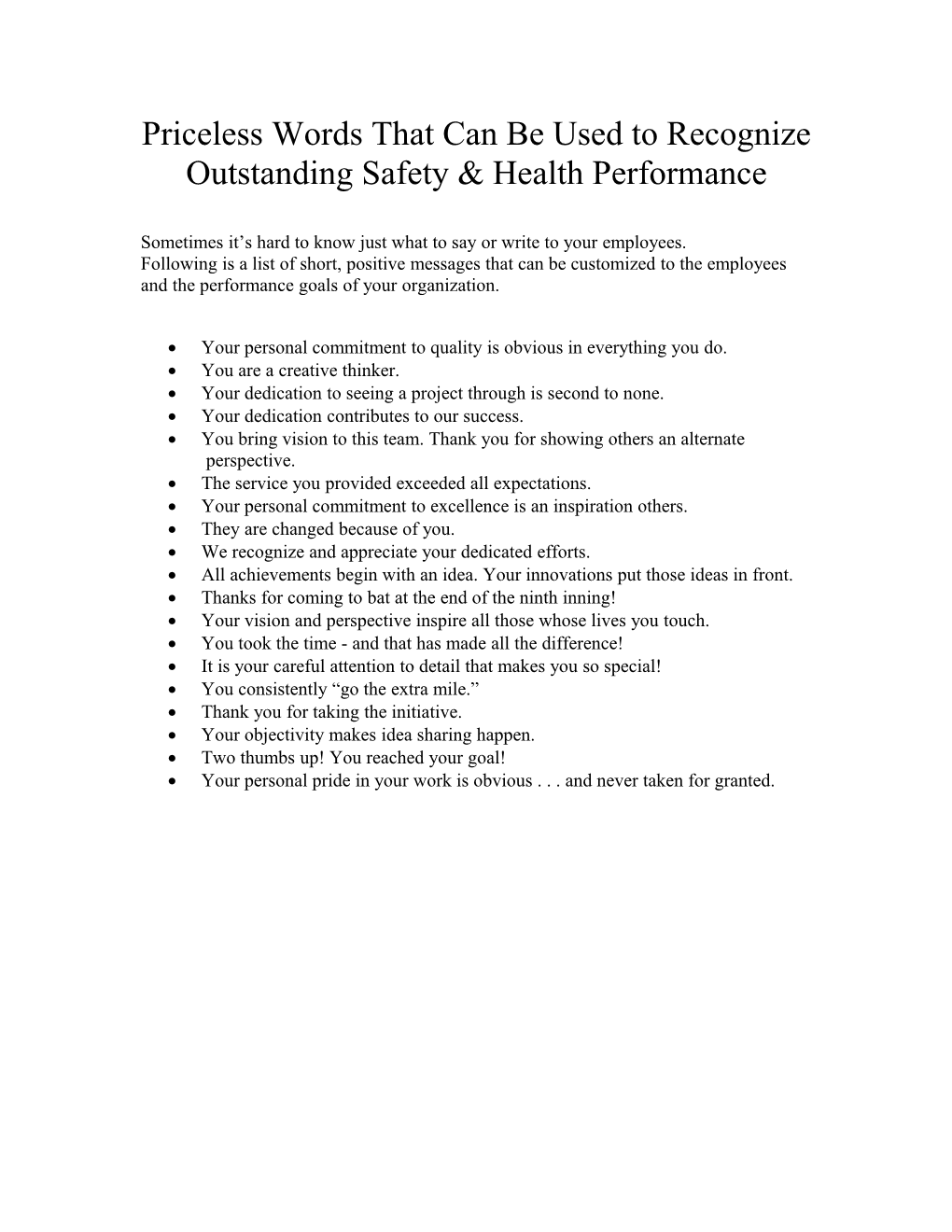 Priceless Words That Can Be Used To Recognized Outstanding Safety & Health Performance