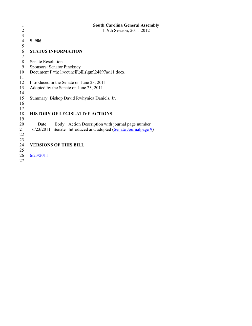 2011-2012 Bill 986: Bishop David Rwhynica Daniels, Jr. - South Carolina Legislature Online