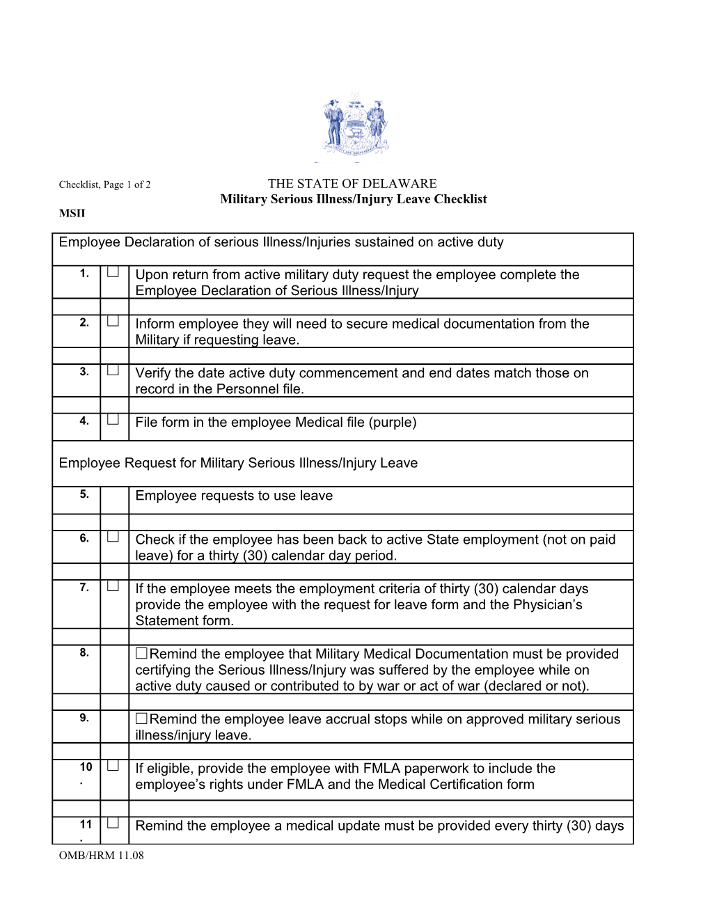 Military Serious Illness/Injury Leave Checklist