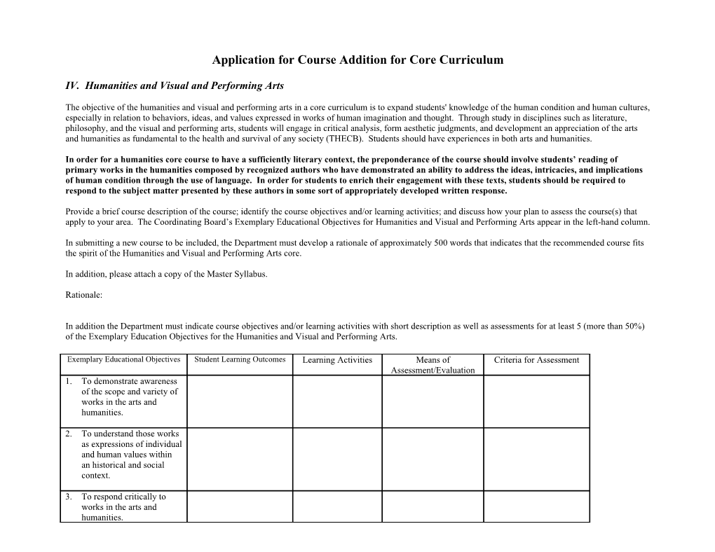 Application for Course Addition for Core Curriculum