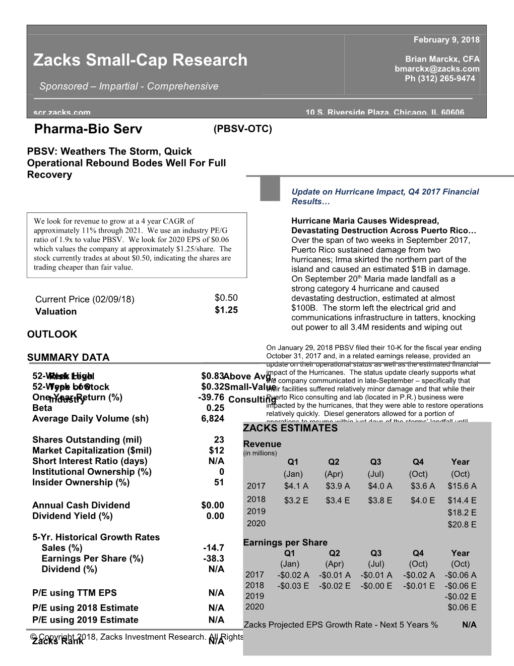 Update on Hurricane Impact, Q4 2017 Financial Results