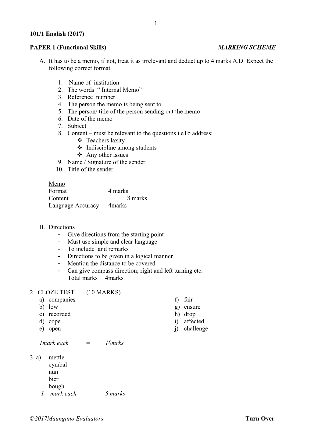 PAPER 1 (Functional Skills) MARKING SCHEME