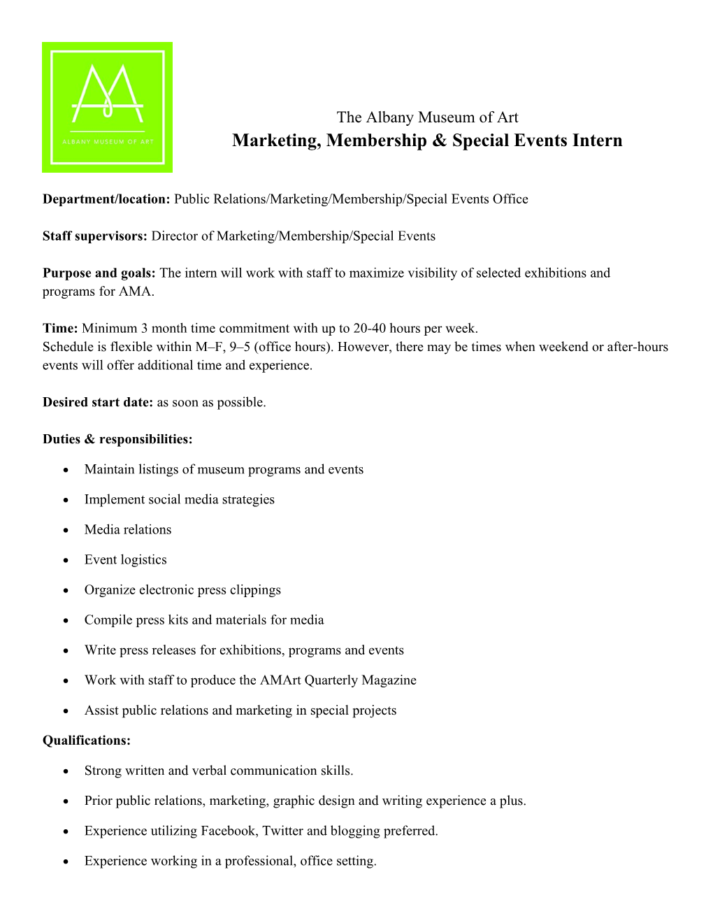 Marketing, Membership & Special Events Intern