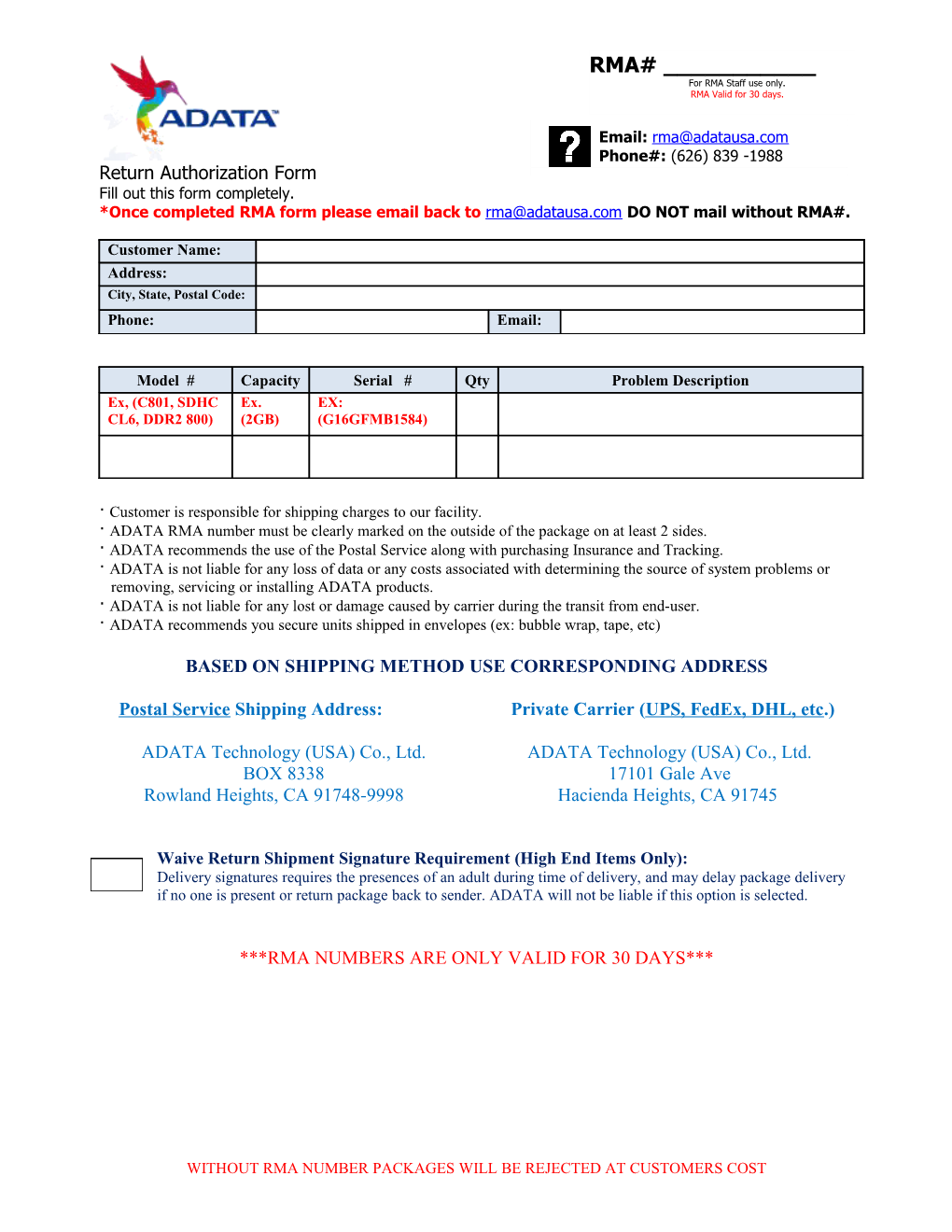 *Once Completed RMA Form Please Email Back to DO NOT Mail Without RMA