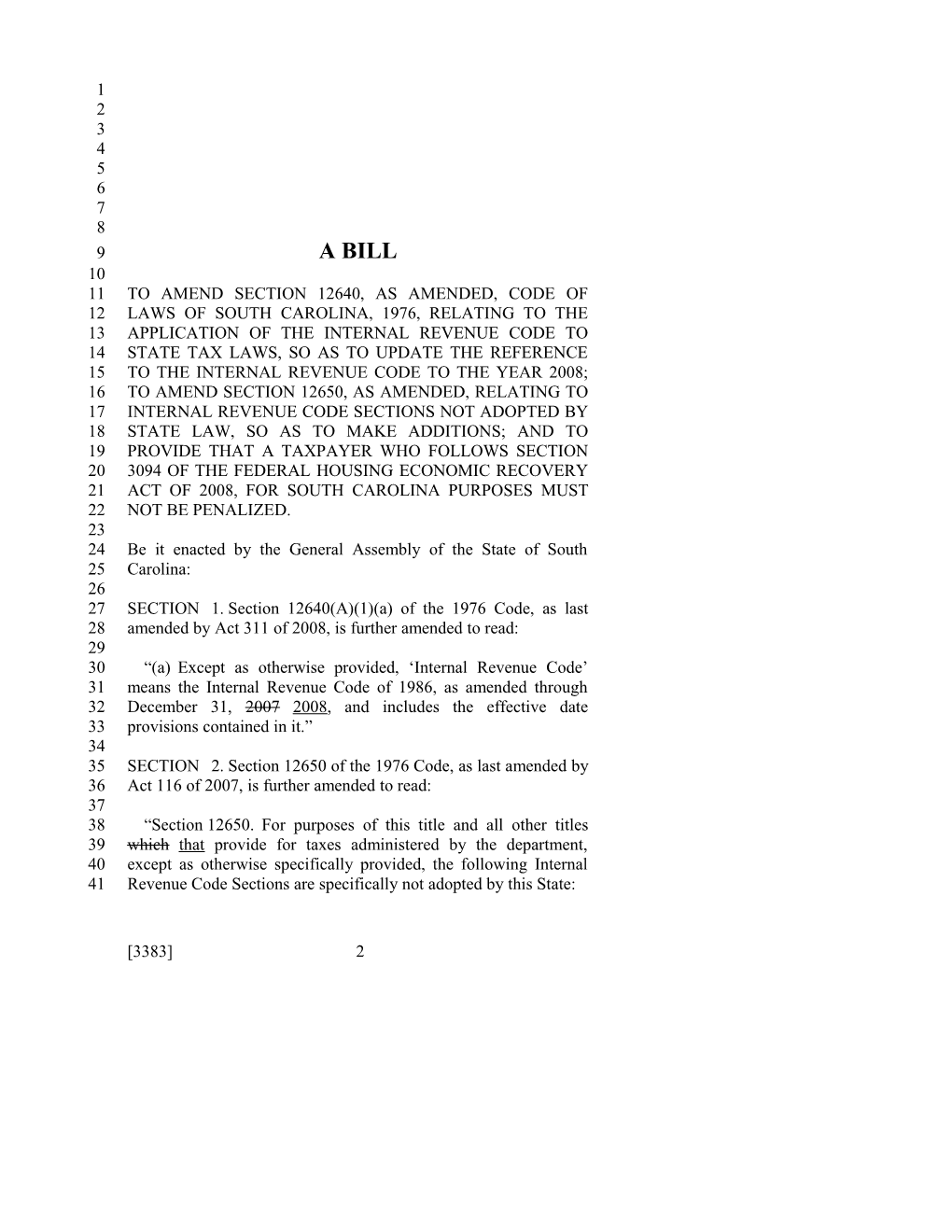 2009-2010 Bill 3383: Internal Revenue Code - South Carolina Legislature Online