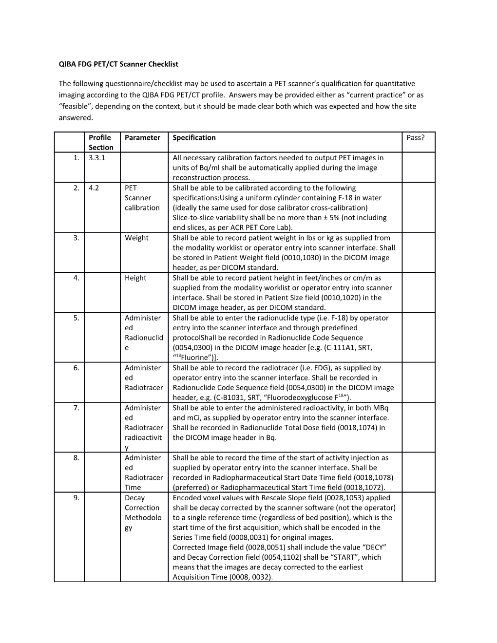 QIBA FDG PET/CT Scanner Checklist