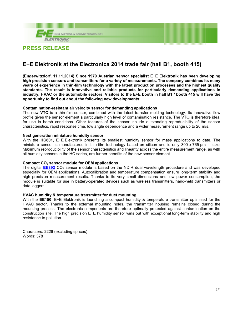 E+E Elektronik at the Electronica 2014 Trade Fair (Hall B1, Booth415)