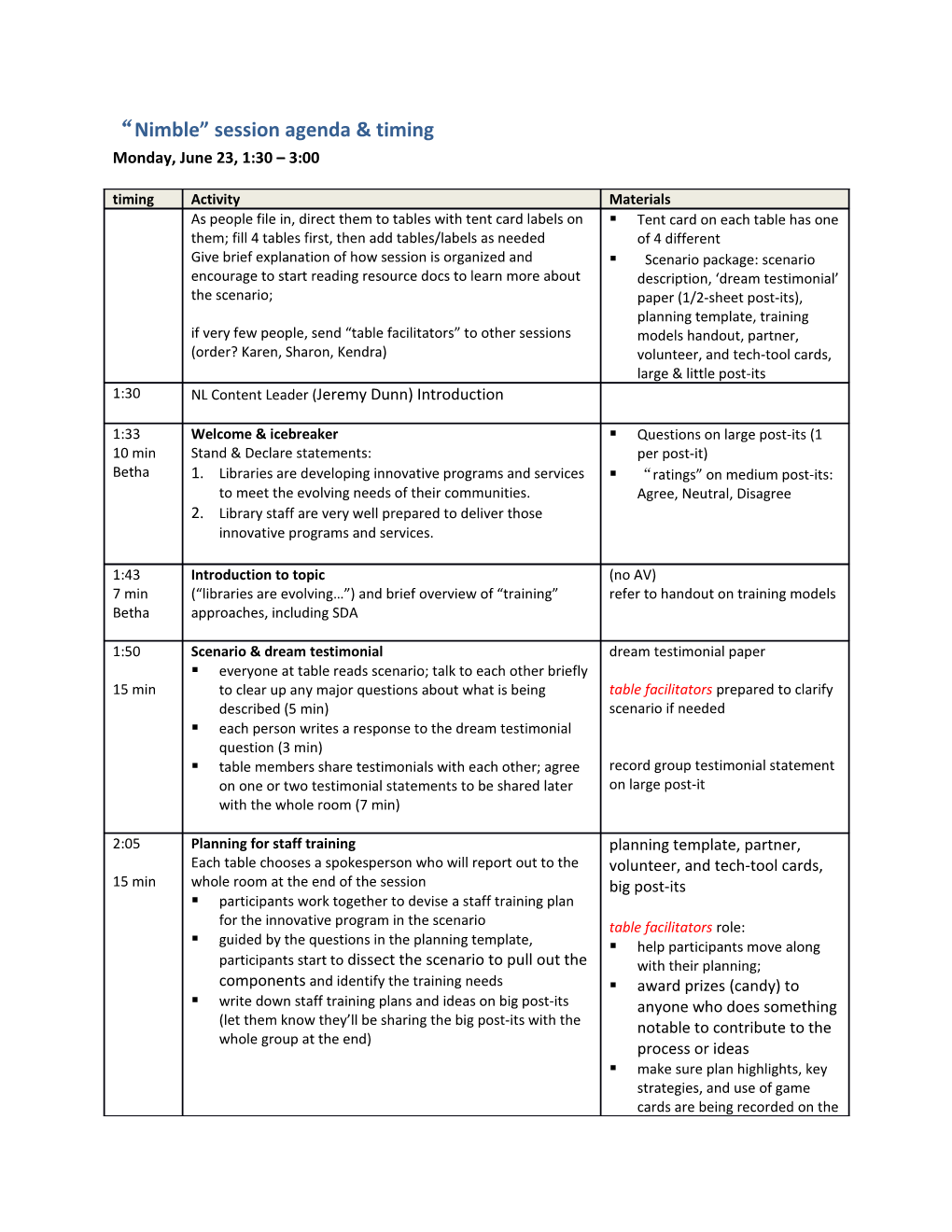 Nimble Session Agenda & Timing