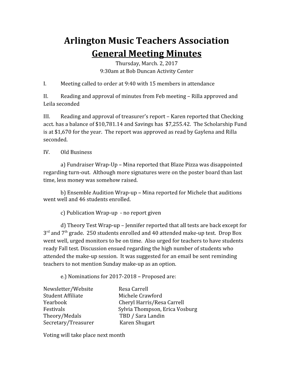 I. Meeting Called to Order at 9:40 with 15 Members in Attendance