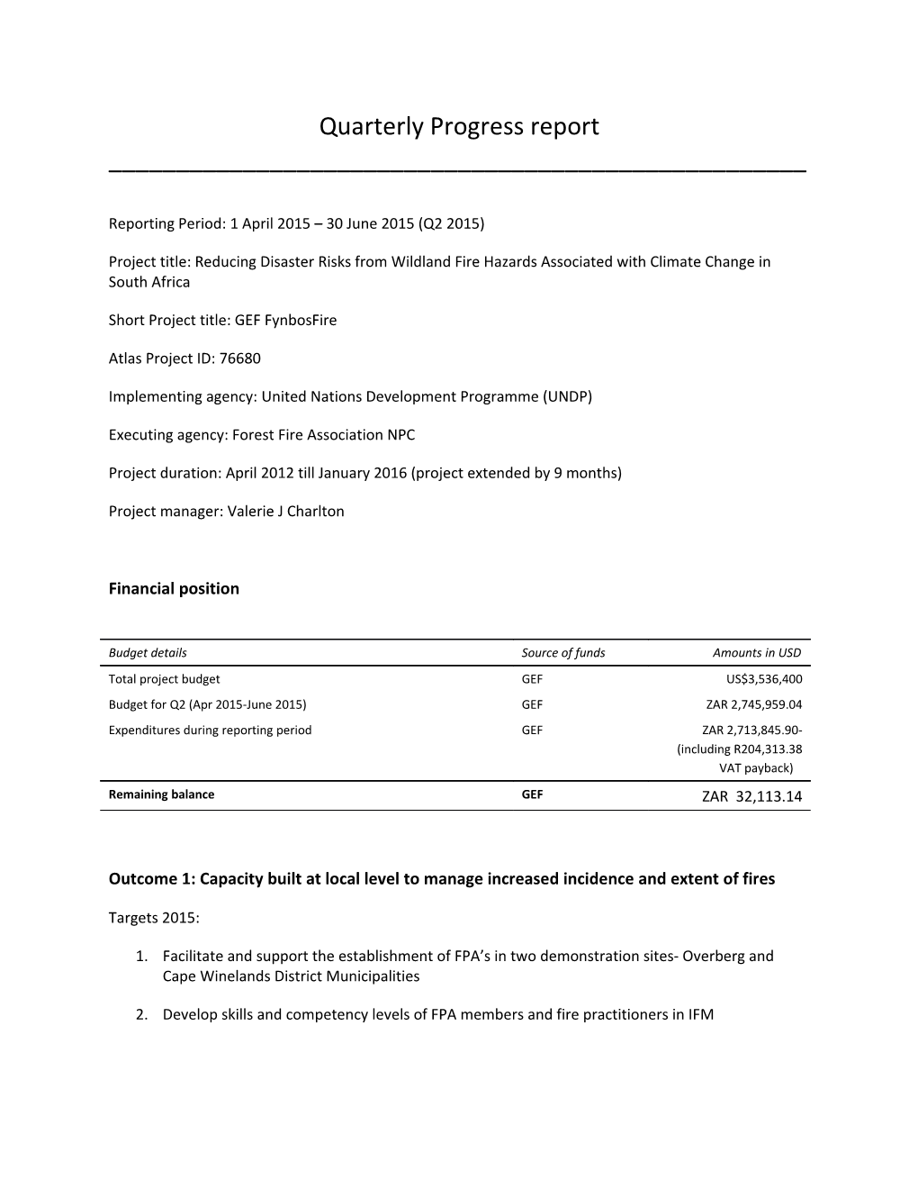 Quarterly Progress Report