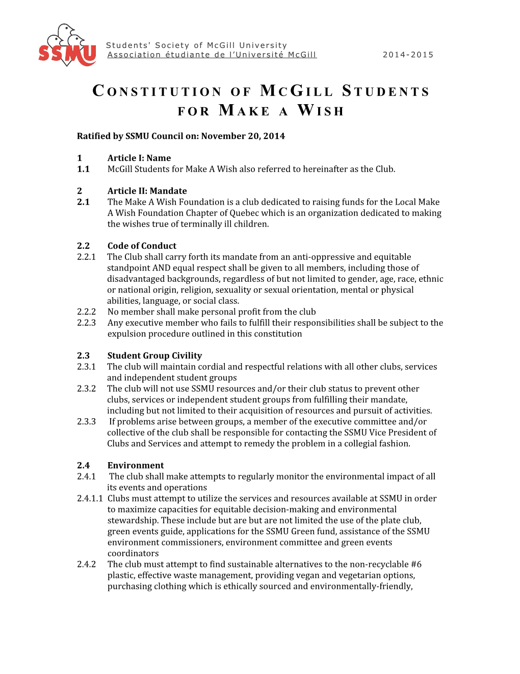Constitution of Mcgill Students for Make a Wish