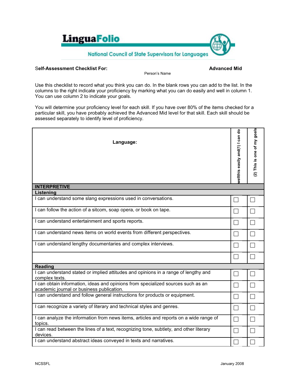 S Elf-Assessment Checklist For: Advanced Mid