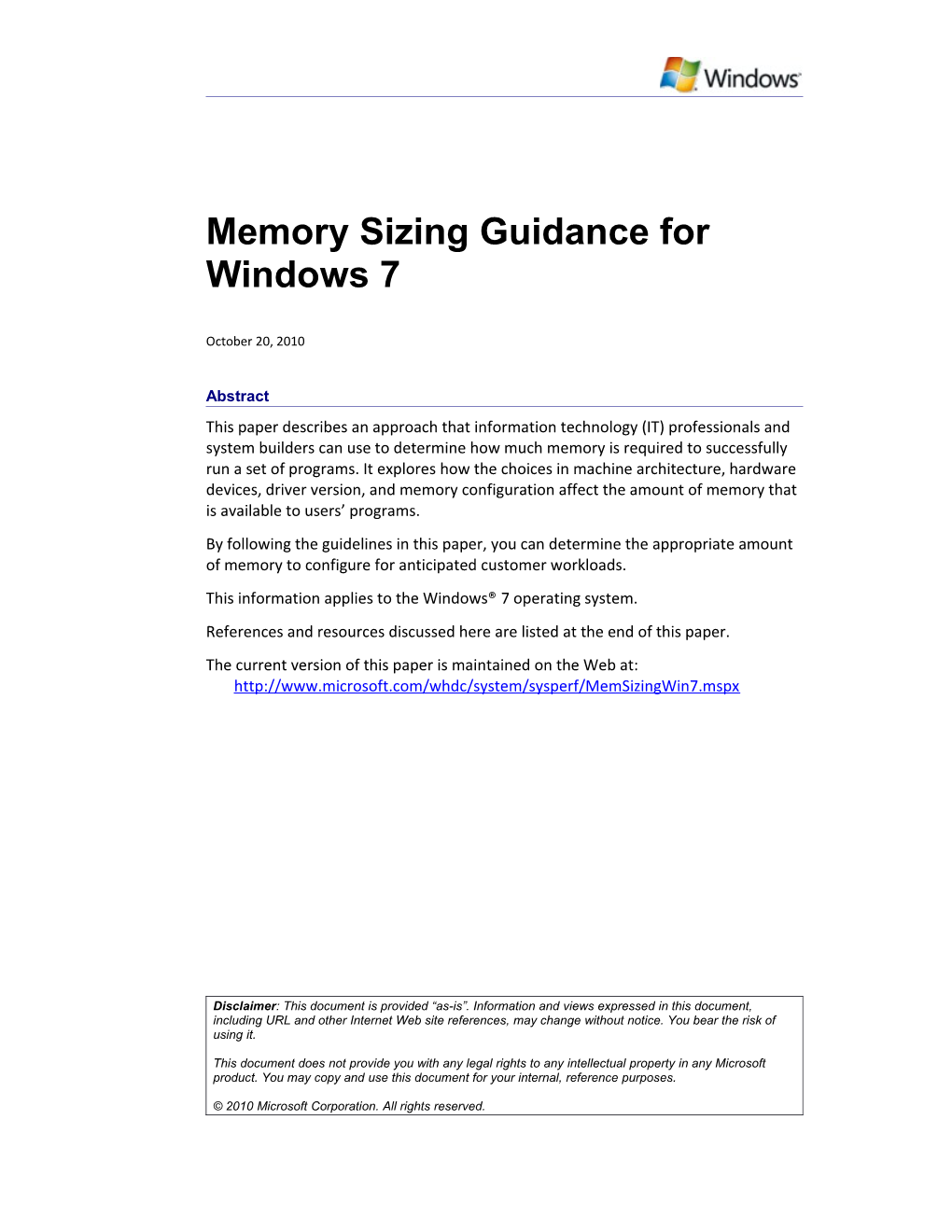 Memory Sizing Guidance for Windows 7 - 1