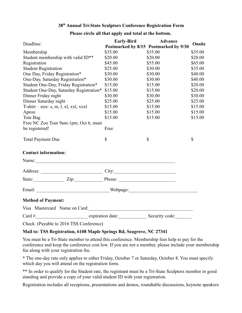 38Th Annual Tri-State Sculptors Conference Registration Form