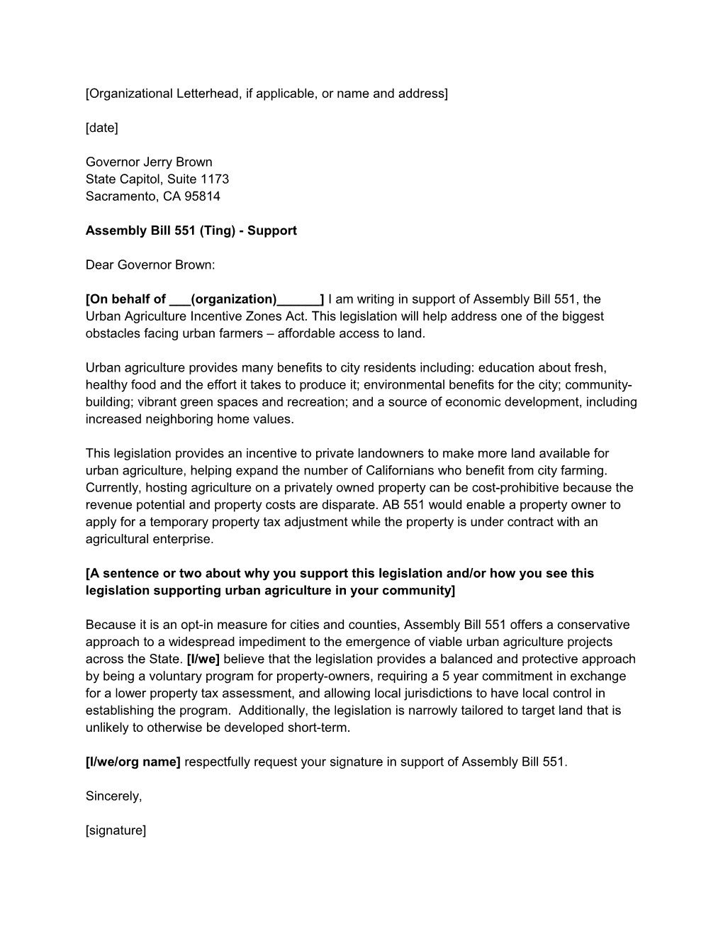 Urban Ag Incentive Zone - Sample Support Letter - Organizers Copy