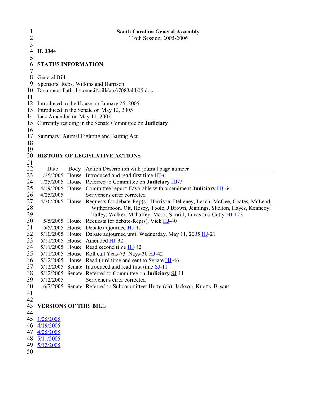 2005-2006 Bill 3344: Animal Fighting and Baiting Act - South Carolina Legislature Online