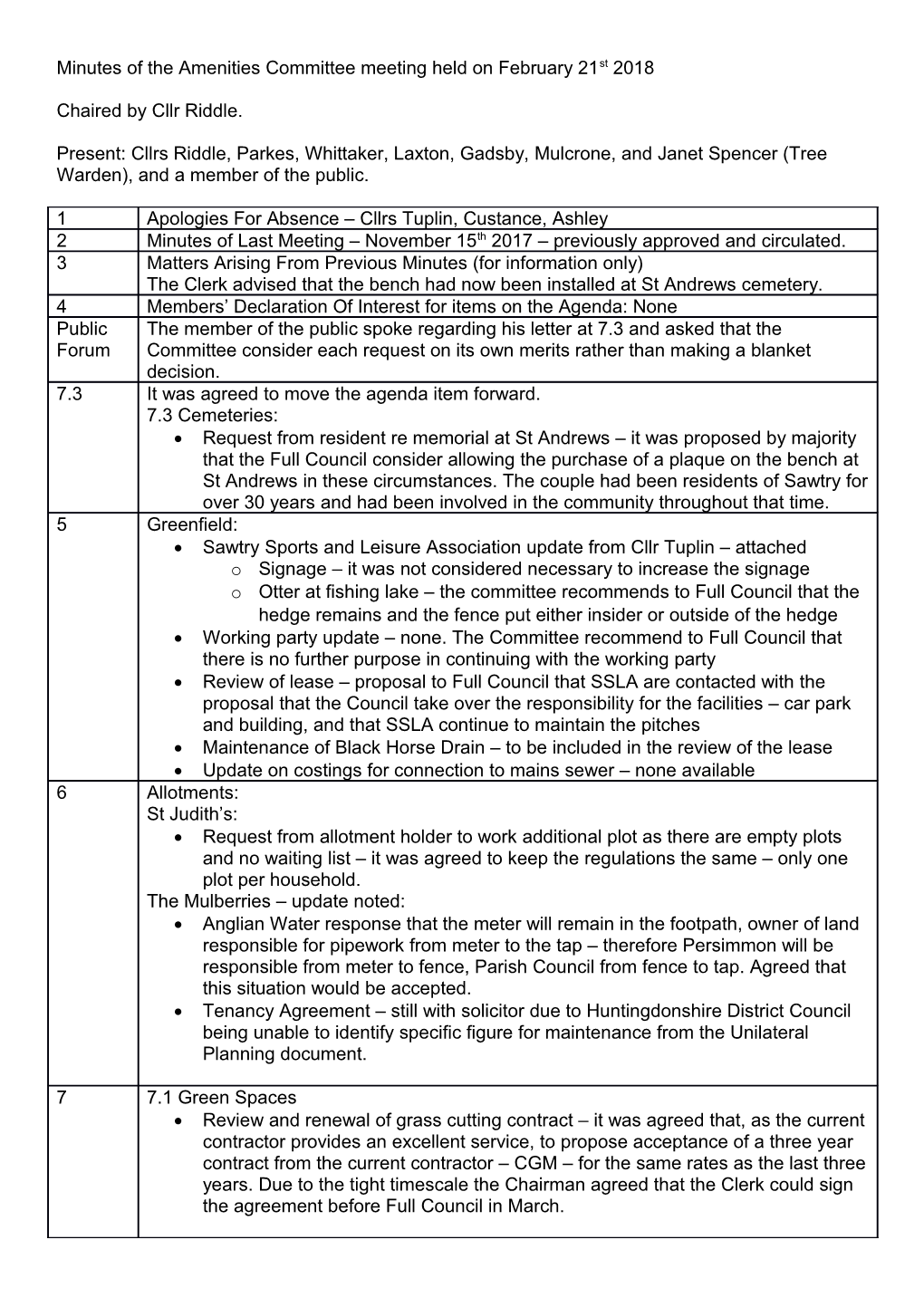 Minutes of the Amenities Committee Meeting Held on February 21St 2018