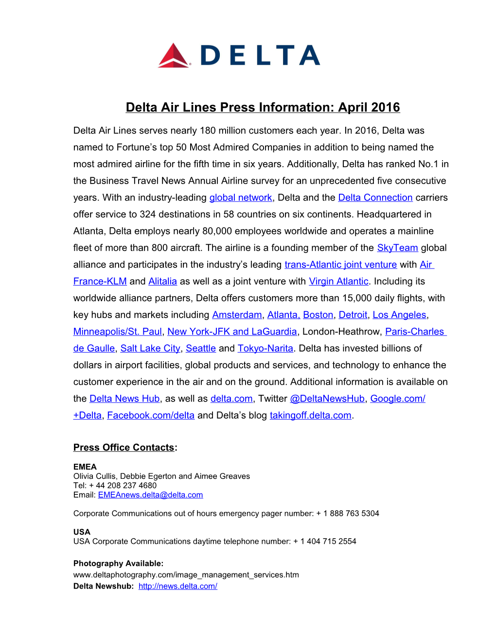 Delta Air Lines Press Information: April 2016