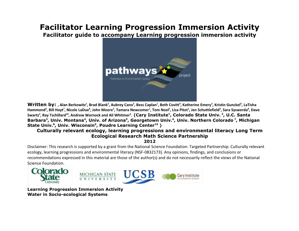 Facilitator Learning Progression Immersion Activity