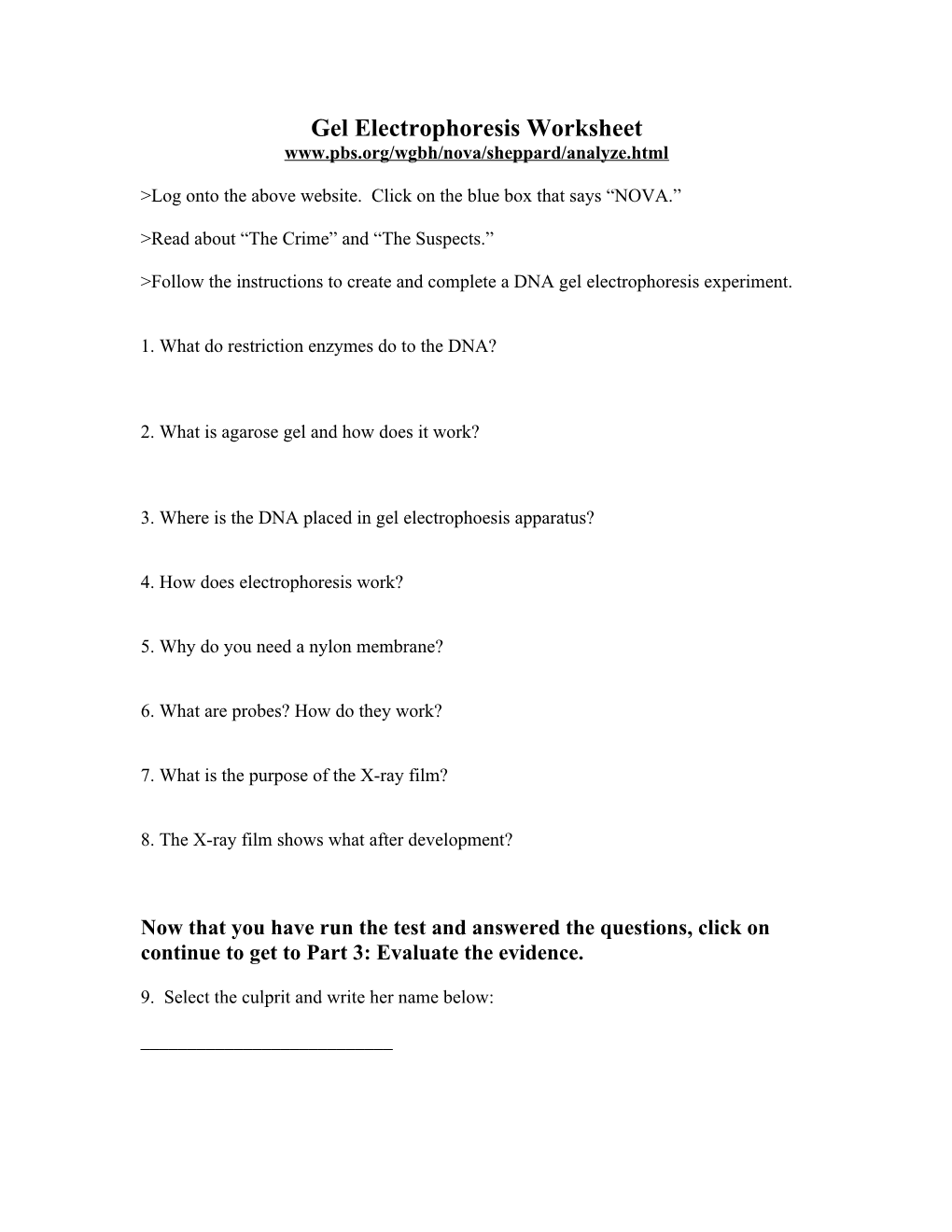 Gel Electrophoresis Worksheet