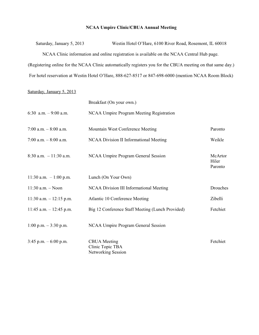 NCAA National Umpire Program Meeting/CBUA Annual Meeting
