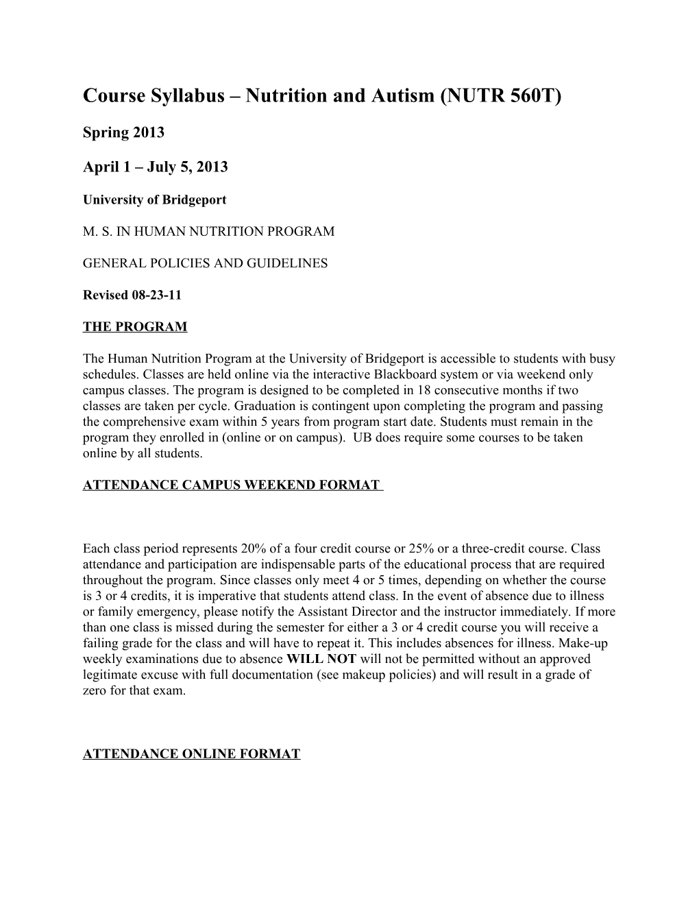 Course Syllabus Nutrition and Autism (NUTR 560T)