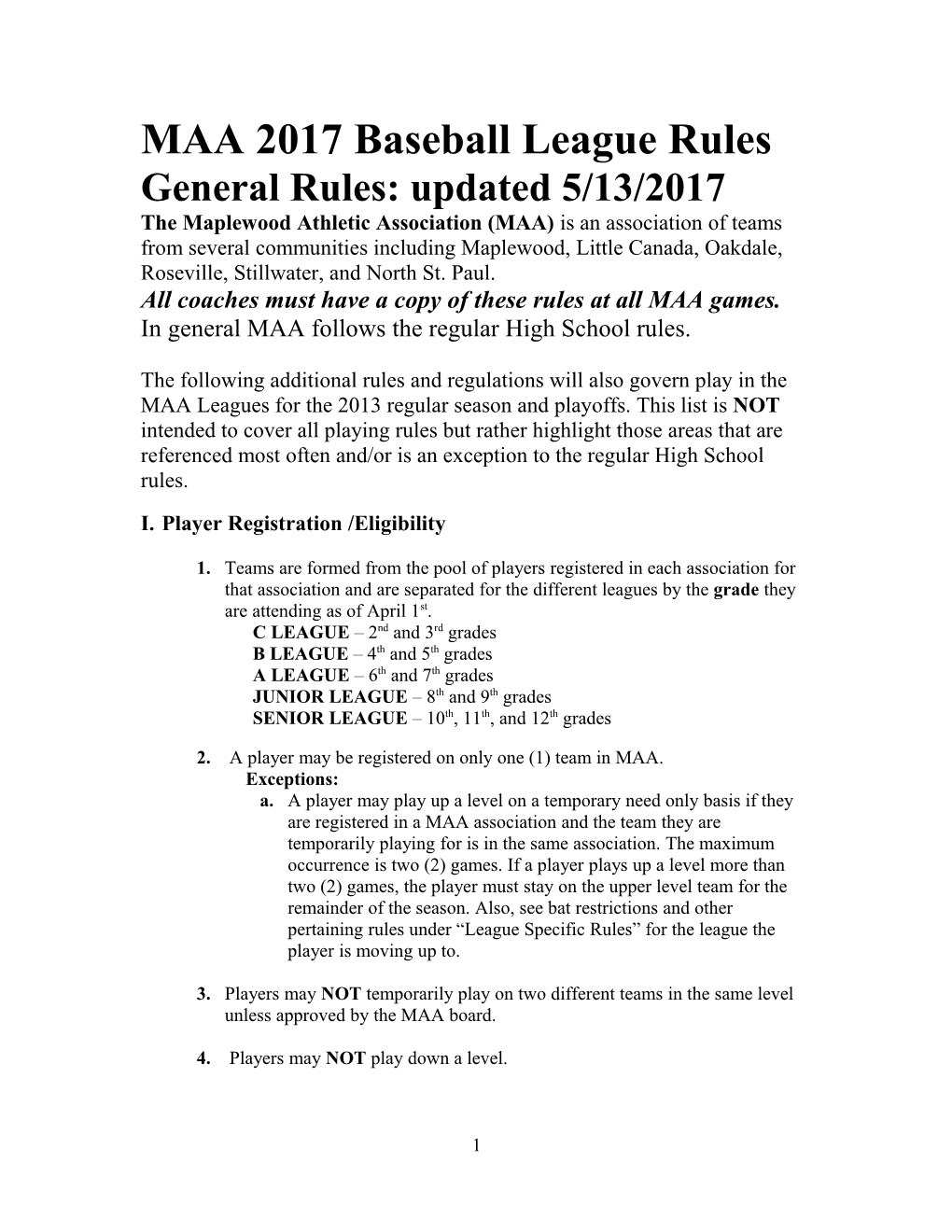 MAA 2017 Baseball League Rules