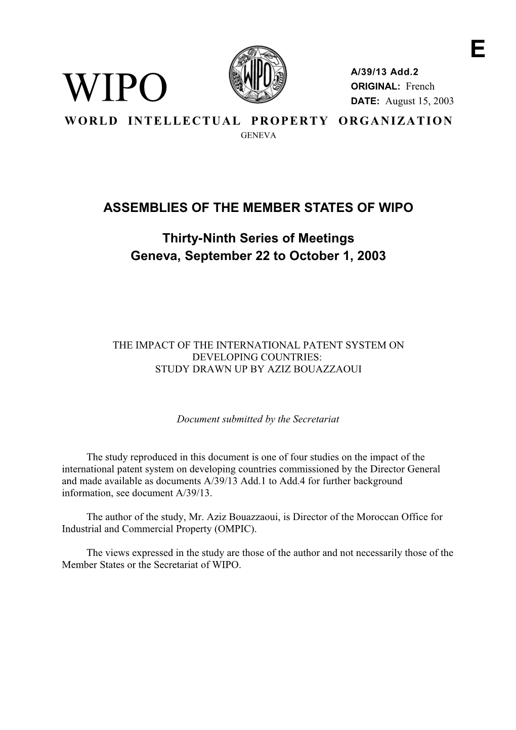 A/39/13 ADD.2: the Impact of the International Patent System on Developing Countries: Study