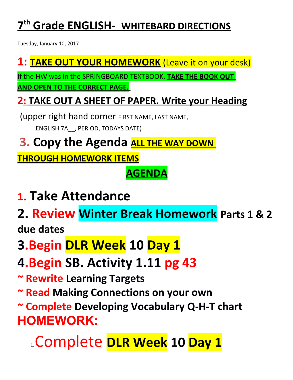 7Th Grade ENGLISH- WHITEBARD DIRECTIONS