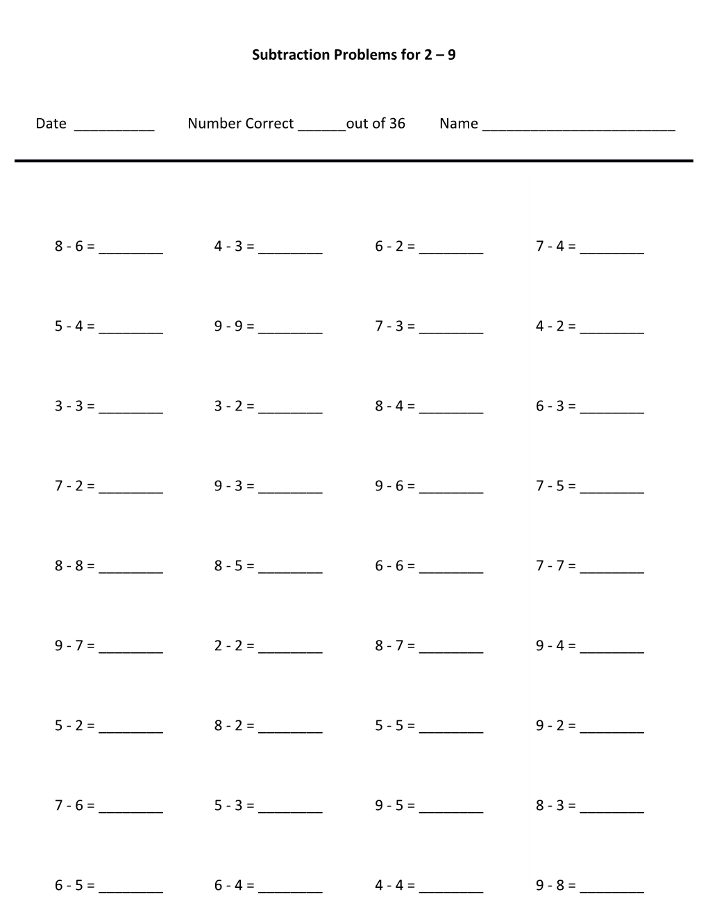 Subtraction Problems for 2 9