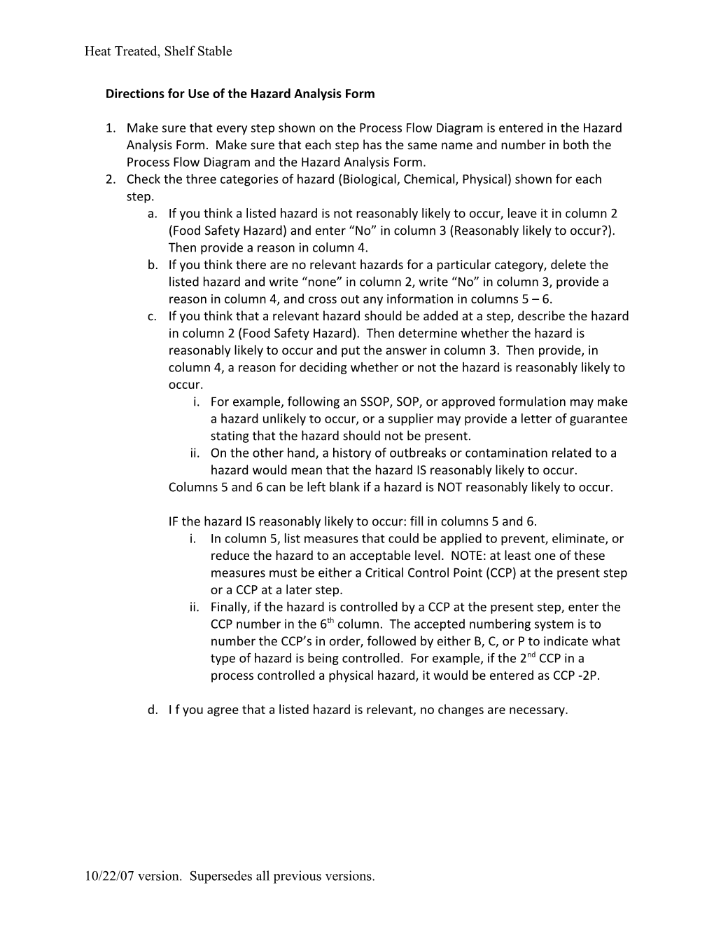 HACCP Plan Heat Treated, Shelf Stable